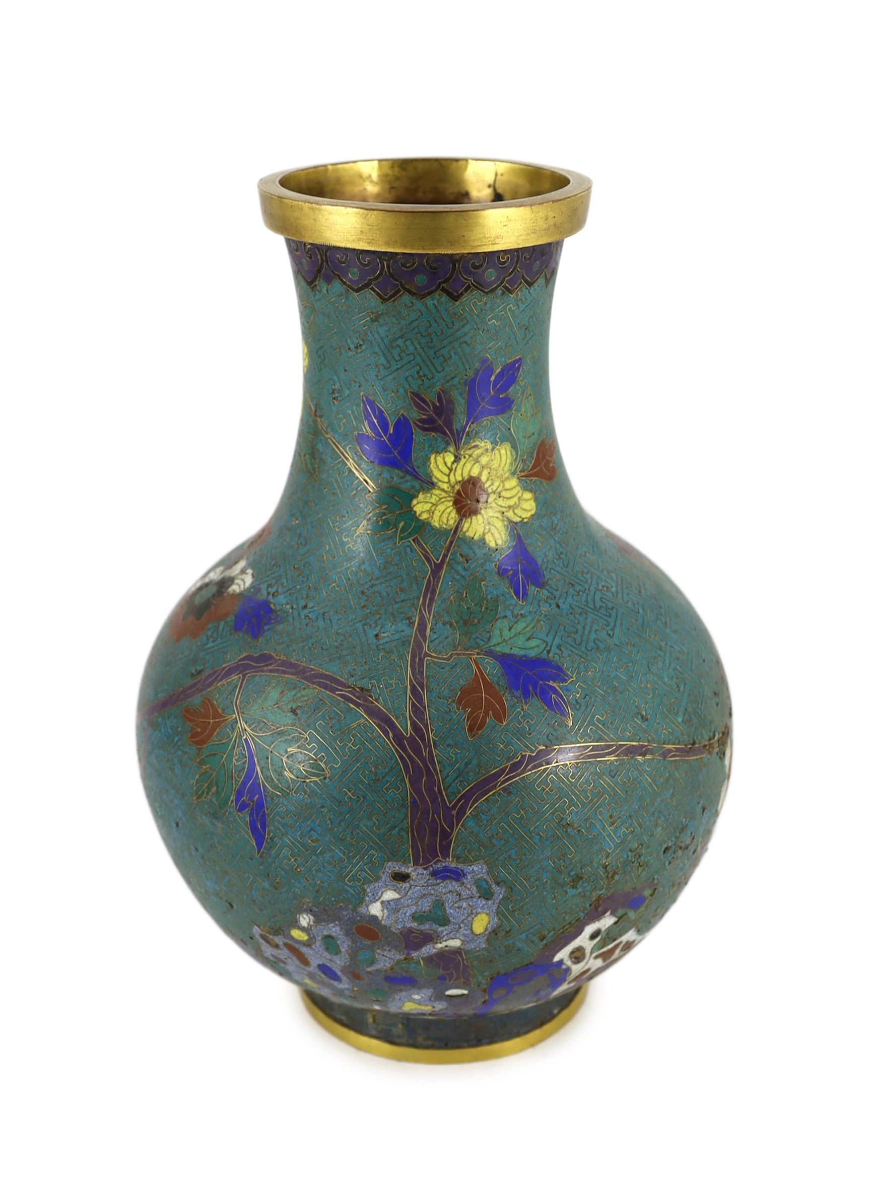 A large Chinese cloisonné enamel and gilt bronze mounted bottle vase, 18th/19th century 42.5 cm high, some losses and restoration to enamel